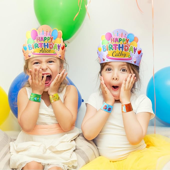 Yunsailing 108 Pcs Happy Birthday Party Supplies for Kids Include 36 Birthday Paper Crowns 36 Birthday Badge Stickers 36 Happy Birthday Slap Bracelets for Classroom School Party Supply(Fresh Color)