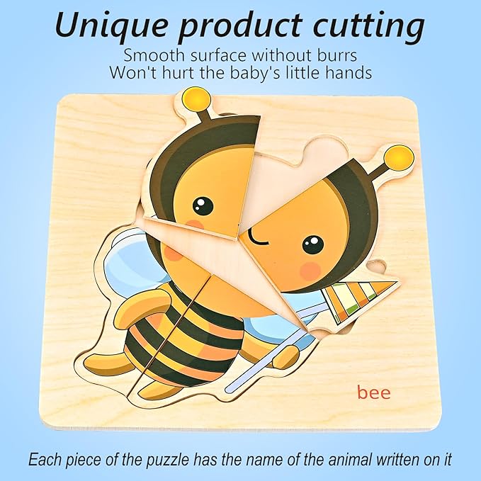 Wooden Puzzles for Toddlers 1-3, 8pcs Shapes, Insect Animal Themed Montessori Toys for 1 Year Old Learning, Educational Preschool Toys for Boys Girls