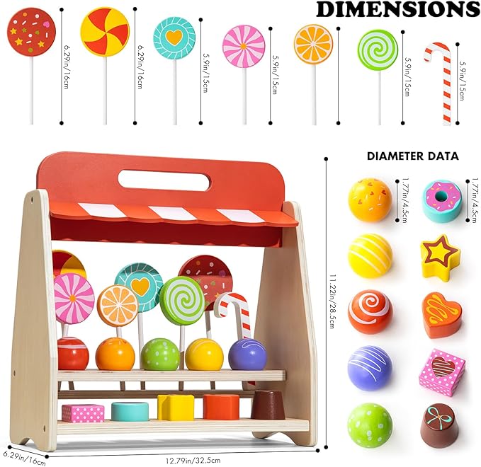 Wooden Candies and Lollypops Food Toy with Stand, Educational Toys for 2-7 Years Old Girls and Boys, Dessert Play Food Set for Toddlers, Sweets Pretend Play Kitchen, Color and Shape Recognition