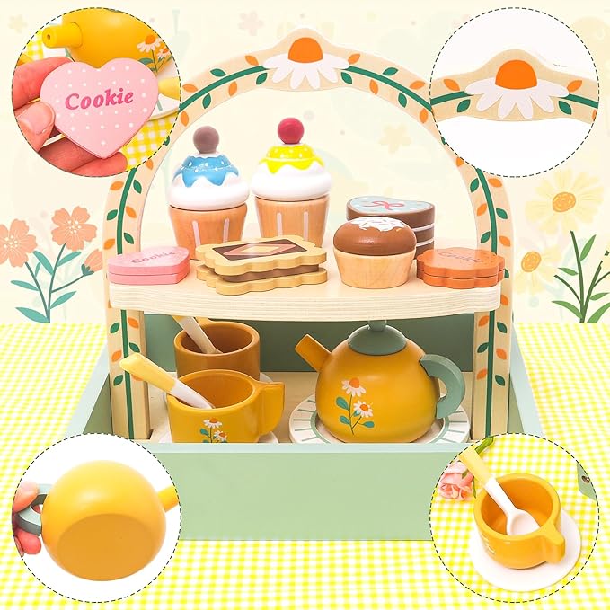 Wooden Tea Party Set for Little Girls Toddler Tea Set Toys with Cupcake Stand & Play Food Kitchen Accessories, Wooden Pretend Play Toys for Toddlers Christmas Birthday Gift for 3 4 5 6 Years Old Girl