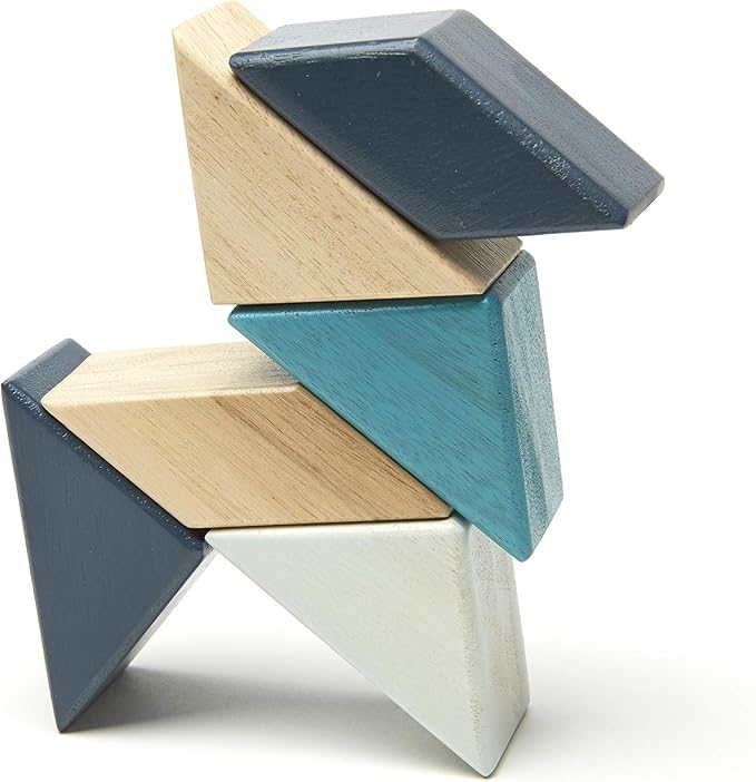 6 Piece Tegu Pocket Pouch Prism Magnetic Wooden Block Set, Blues