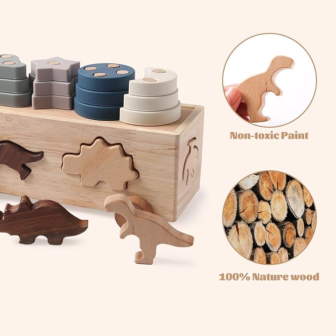 Montessori Toys for 1 2 3 Years Boys Girls Birthday Gift, Wooden Stacking Toys Preschool Learning Fine Motor Skills Game for Toddlers - Wood Car & Dinosaurs, Silicone Shape Sorter & Color Stacker