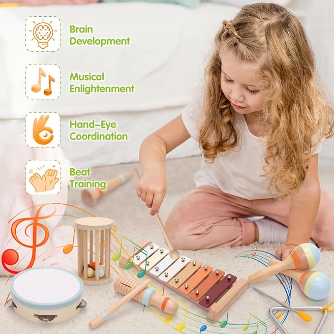 Baby Musical Instruments,Montessori Wooden Percussion Instruments Toy for Toddlers1-3, with Modern Boho Xylophone Tambourine for Kids Preschool Educational 3+ Christmas Birthday Gifts