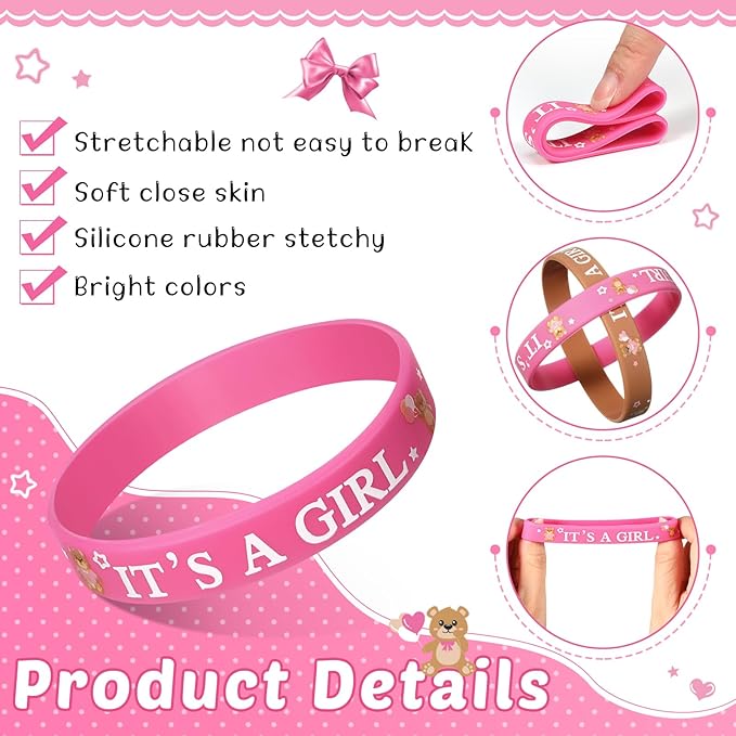 Zomiboo 36 Pieces Baby Shower Rubber Bracelets, It's a Boy It's a Girl Wristbands Elephant Baby Shower Decorations for Boy Girl Baby Shower Party Favor Gender Reveal Party Supplies (Pink Bear Style)