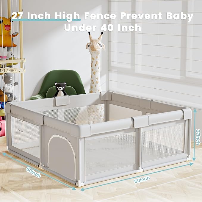 Hiaksedt 50 x 50 inch Baby Playpen with Ocean Balls and Pull Rings, Playpen for Babies and Toddlers, Baby Fence Playards, Safe Structure and Soft, Skin-Friendly Fabric with Zipper Gates.