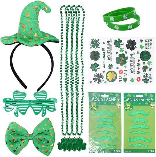 St. Patrick's Day Accessories Set - 41 Pieces Party Supplies with Glasses, Necklaces, Mustaches, Bracelets, Tattoos, Hat Headband - St. Paddy's Day Decorations