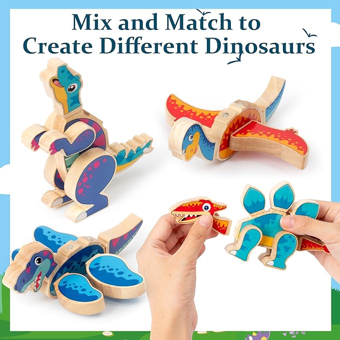 Dinosaur Snap Building Toys - Dinosaurs Snap Together Wooden Build Blocks Kits, Happy Little Animals Game, Educational Learning Wood Magnetic Take Apart Playset Toy, Birthday Gifts for Kids