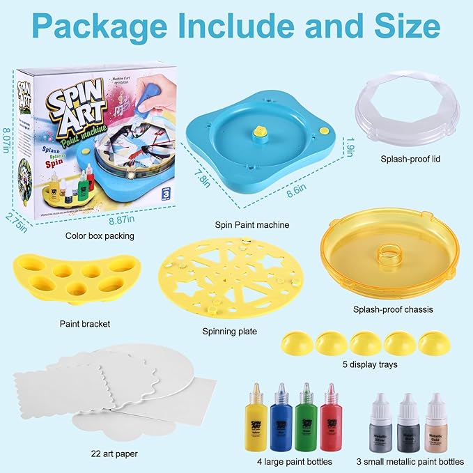 Paint Spin Art Machine Kit for Kids Stress Reducing Toys for Blue Arts and Crafts Set Gifts with Light & Music for Boys & Girls Ages 4 5 6 8 9 10 12 Flexible Splatter Guard,Easy to Wash