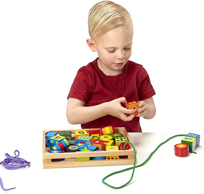 Melissa & Doug Deluxe Wooden Lacing Beads - Educational Activity With 27 Beads and 2 Laces For Toddlers, Fine Motor Skills Lacing Toys For Toddlers And Kids Ages 3+