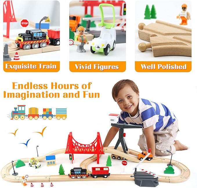 WOOD CITY Wooden Train Set, 56-Piece Deluxe Kids Toy Train Set for 2 3 4 5 Year Old Boy, Cargo-Themed Train Track with Tower Crane & Suspension Bridge - Fits Thomas Brio Chuggington Melissa Orbrium