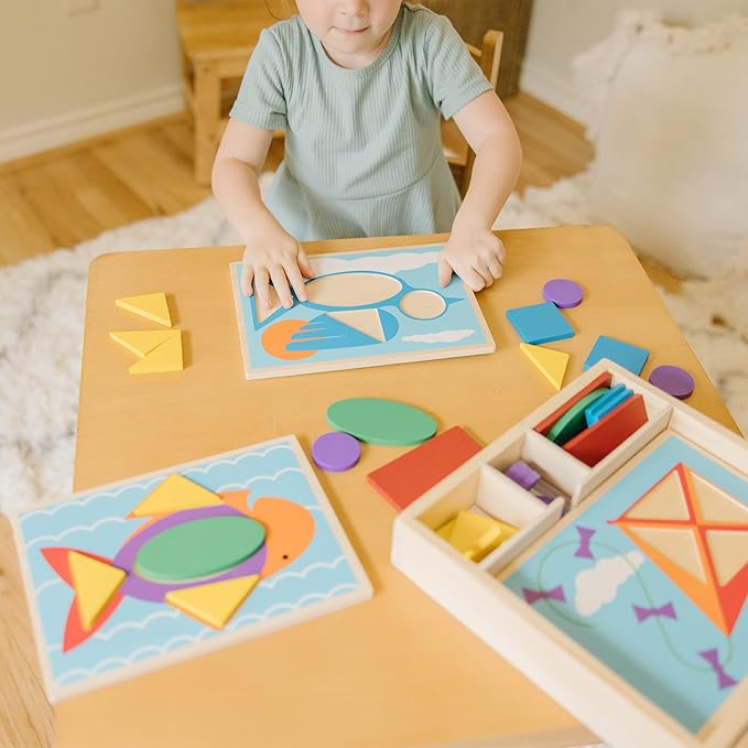 Melissa & Doug Beginner Wooden Pattern Blocks Educational Toy, 5 Double-Sided Scenes and 30 Shapes, 10.65” H x 10.65” W x 2.3” L (Beginning Skills and Activities)