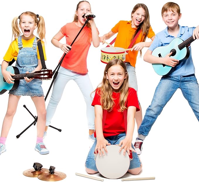 Kids Drum Set 7.87 in Wooden Toy Drum with Adjustable Strap 2 Drumsticks Educational Sensory Musical Instrument Set for Toddlers Kids Baby Toy Gift(Kids Style)