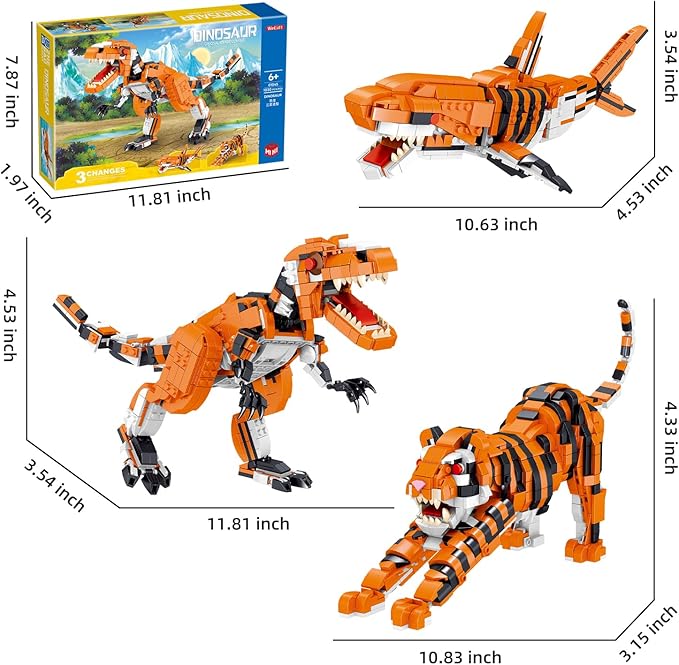 1030 Piece STEM Building Toys-3in1 Mini Transforming Toy Building Set with Dinosaur/Tiger/Shark Building Kit, Educational Toy for Kids 6-12, Christmas Birthday Gifts for Girls Boys Ages 8-14+
