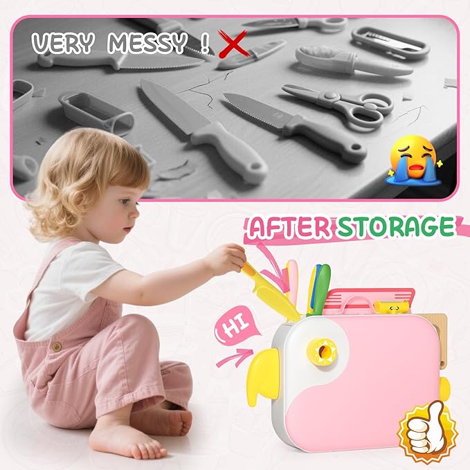 Kids Kitchen Knife Set for Real Cooking with Storage Box Pink, Montessori Kitchen Toy with Cutting Board, Plastic Toddler Knives, Peeler, Wooden Safe Knife for Age 3 4 5 6 7 8