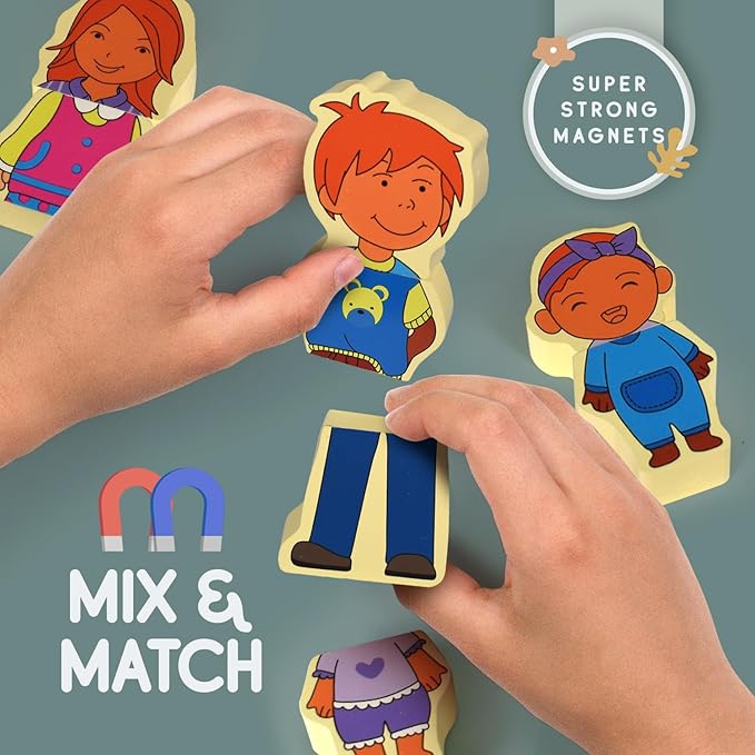 VEBO 22pc Wooden Magnetic Figures Set of 8 (16 Double Sided Characters) Mix & Match Family Set - Compatible with All Magnetic Tiles Sets - Educational STEM Building Toy Pretend Playset for Ages 3+