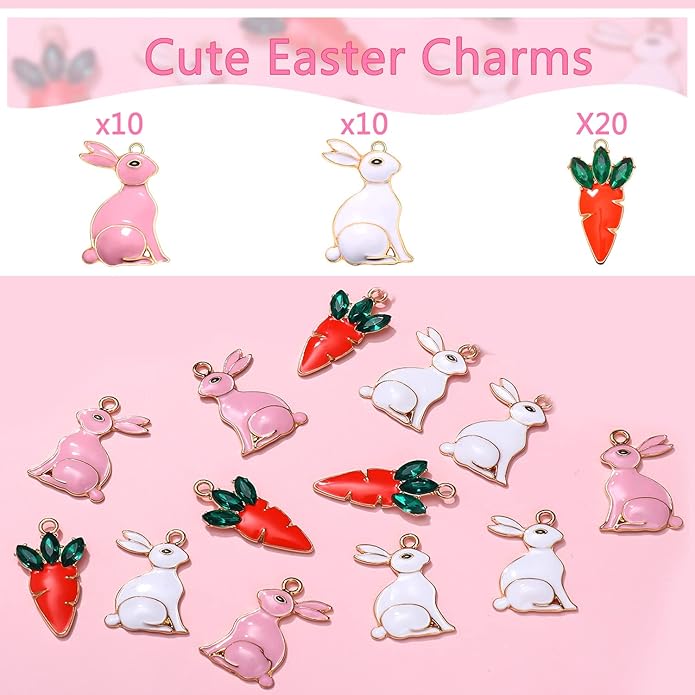 40PCS Easter Charms Enamel Bunny Carrot Egg Pendant Charms for Jewelry Making Cute Meatl Animal Rabbit Charms for Necklace Bracelet Earring Making DIY Crafts