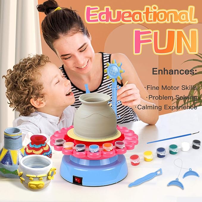 Pottery Wheel Art Craft Toys - Kids Art Kit Polymer Air Dry Clay Modelling Clay Kit for Kids DIY Pottery Studio Family School Beginner Education Sets (Blue-Pink)