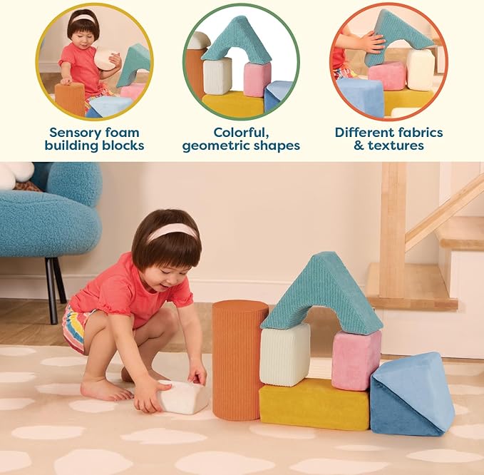 B. Toys - Sensory Foam Building Blocks for Kids - 8-Piece Textured Stacking Toys for Babies 6-12 Months - Soft Geometric Shapes with Tactile Fabric Cover - Foam Blocks for Toddlers