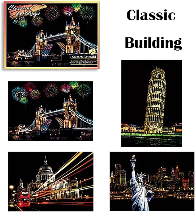Georgie Porgy Scratch Paper Art Set DIY Arts and Crafts Kits for Kids Adults Magic Rainbow Scratch Postcards for Christmas Birthday Gift with Scratching Tools Kit (Classical Ancient Modern City)
