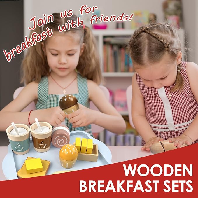 Wooden Food Toys for Toddlers 1-3, Wooden Play Food Set, Breakfast with Velcro Food Cutting Toys, Wood Play Food, Wooden Food for Play Kitchen for Toddlers Boys and Girls, Aged 3 4 5 6