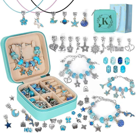 Charm Bracelet Making Kit, Kid Jewelry Making Kit for Girls 8-12, Unicorn Craft Kits for Teen Girls Toys Ages 3-10 Years Old Girl Gifts Trendy Stuff Birthday Christmas Gift with Initial Jewelry Box- K