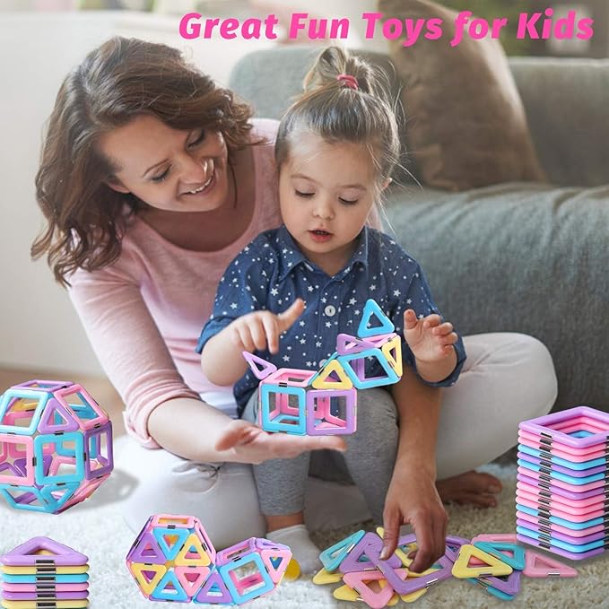 Magnetic Tiles Magnetic Blocks for 3 4 5 6 7+ Year Old Boys Girls Macaron Castle Magnetic Building Blocks for Toddlers 3-5, 4-8, Building Blocks for Kids Ages 3+ Birthday Gifts 124pcs