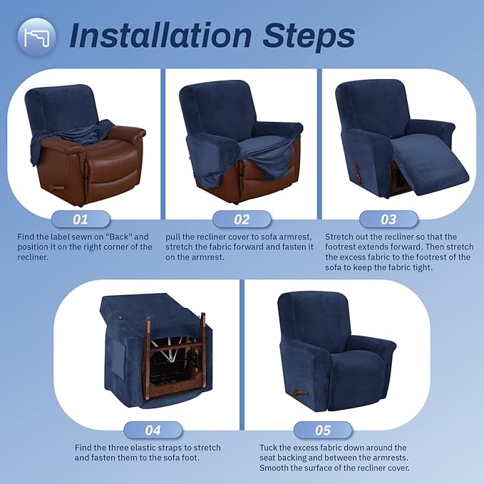 WEERRW Velvet High Stretch Recliner Chair Cover 1 Piece Recliner Couch Cover, Washable Furniture Protector with Non Slip Elastic Bottom for Kids and Pets, Navy Blue