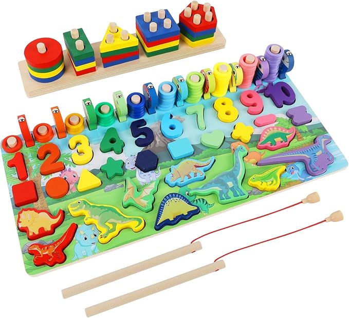 Glintoper Christmas Wooden Gift for Toddlers, Number Puzzle & Sorting and Stacking Toys Set for Kids 2 3 4 5, Montessori Magnetic Fishing Game, Shape Sorter Color Stacker Preschool Activities Gifts