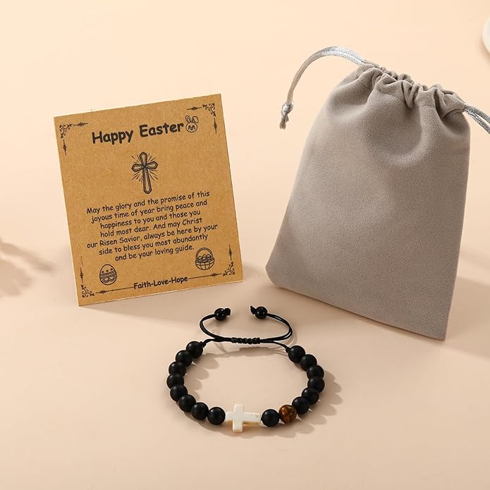 Easter Basket Stuffers for Girls Teens Boys Kids, Cross Natural Beads Bracelet Christian Religious Baptism First Communion Confirmation Jewelry Gifts