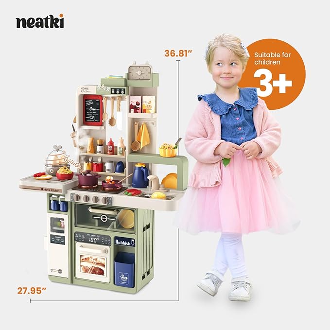 72-Piece Kids' Kitchen Playset, 27.16 x 10.62 x 36.61 inches, Interactive Toy for Toddlers, Realistic Design & Educational Fun for Ages 3 and Up (Avocado Ash 72)