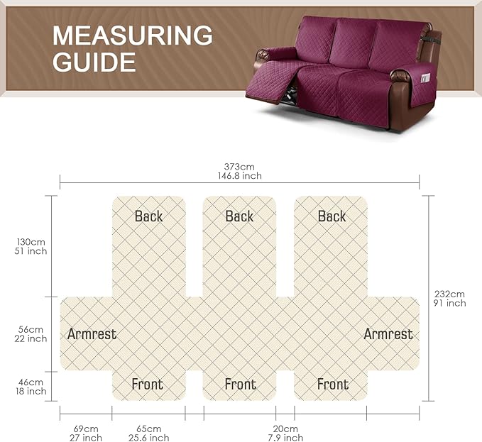 KinCam Recliner Sofa Covers for 3 Seat, 100% Waterproof Reclining Couch Covers, Non-Slip Recliner Couch Cover Furniture Protector with Elastic Straps for Pets, Kids, Burgundy