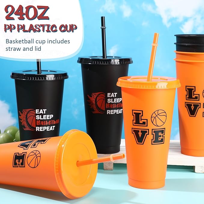 Yungyan 48 Pcs Basketball Party Favors Set Basketball Goodie Bags 24oz Basketball Cups with Lids Sport Drawstring Bags Basketball Hair Ties Bracelets for Team Gifts Basketball Party Supplies