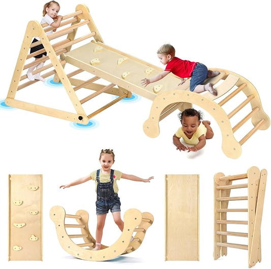 YOLEO Large Pikler Triangle Set, Wooden Toddler Climbing Toys Indoor with Safer Sturdy Base, Montessori Pikler Triangle Climbing Set for Kids' Indoor Climber & Playground & Jungle Gym (Natural)