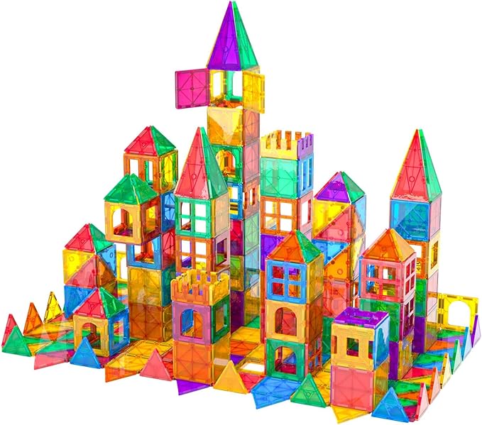 Bmag Magnetic Tiles, 100PCS Magnet Building Blocks for Kids, Stacking Building Set for Boys Girls, STEM Preschool Educational Learning Construction Toy with 2 Cars