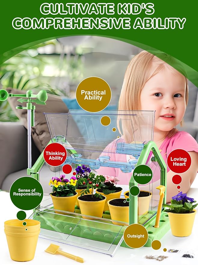 Kids Growing Plant Kit, Lorvain Gardening Set for Kids Education Science Grow House Planting Kit with Compass Irrigation System Terrarium Kit Toddler Garden Set for Boys Girls