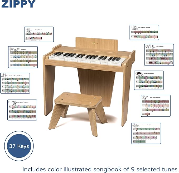 ZIPPY Kids Piano Keyboard, 37 Keys Digital Piano for Kids, Music Educational Instrument Toy, Wood Piano for 3+ Girls and Boys, Oak Basic
