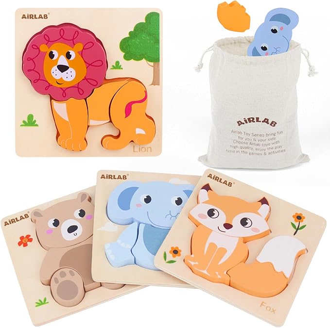 Wooden Puzzles for Toddlers 1 2 3 Year Old Animals Shape Puzzle Toys for Travel Airplane Gift for Kids Montessori Early Development Gifts for Baby Boys Girls with Drawstring Bag Pack of 4