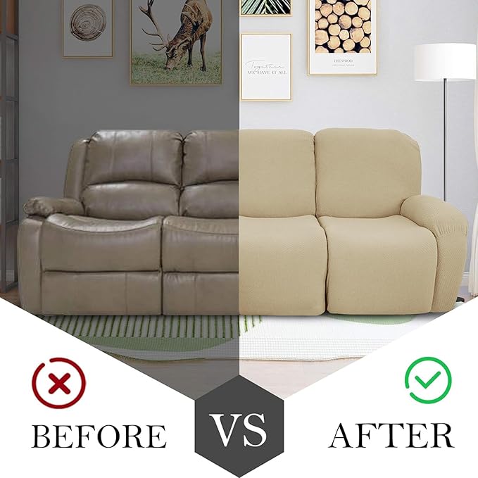 JIVINER 8-Piece Recliner Sofa Covers Stretch Jacquard Couch Covers for Recliner Slipcovers for Living Room 3 Cushion Soft Recliner Protector with Pocket (Sofa Recliner, Light Beige)
