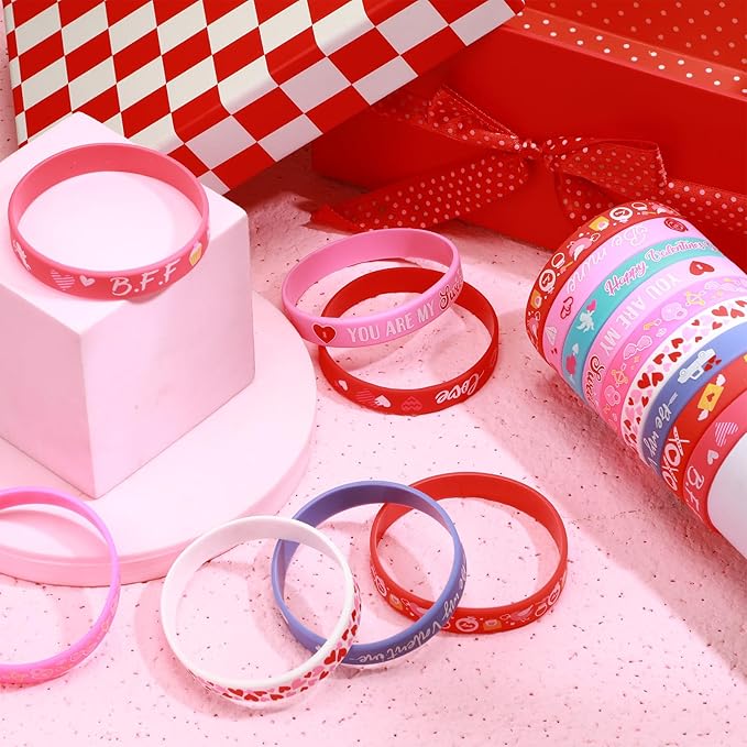 Wettarn 100 Pcs Valentines Silicone Wristband Happy Valentine's Day Wristbands Heart Rubber Bracelets Valentine's Day Party Favors Silicone Bracelets