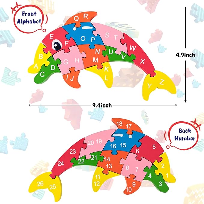 LovesTown Dolphin Wooden Puzzle, 26PCS Jigsaw Puzzle Alphabet and Number Blocks Wooden Building Blocks for Kid Toddlers Preschool