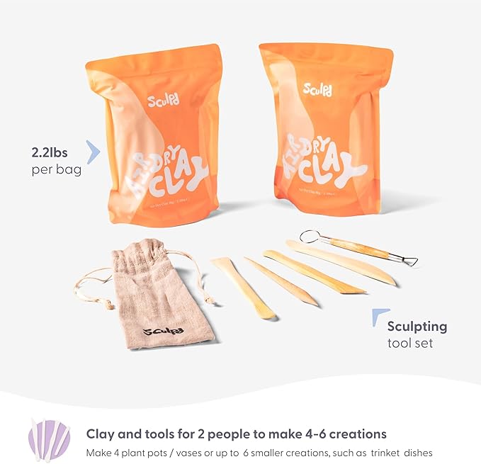 Sculpd Pottery Starter Kit - Complete Air Dry Clay Beginner Set for 2 Adults: Includes Sculpting Tools, Matte Varnish, Paint Brushes, Guide, Video Tutorials & More - Date Night Gift, Arts Crafts Hobby