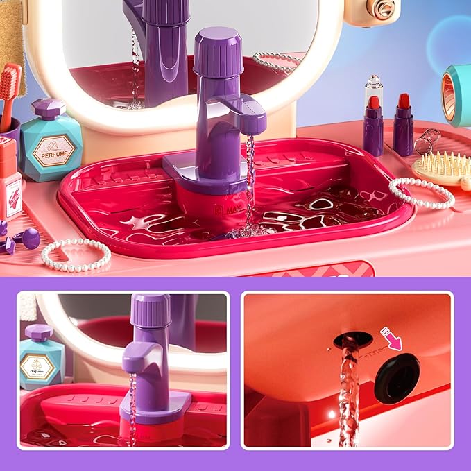 Pretend Play Girls Makeup Table Set with Stool,Kids Vanity Set with LED Lighted Mirror and Music,Toddler Beauty Salon Set with Makeup Accessories & Washbasin,Girls Vanity for Toddlers 3-5 Years Old