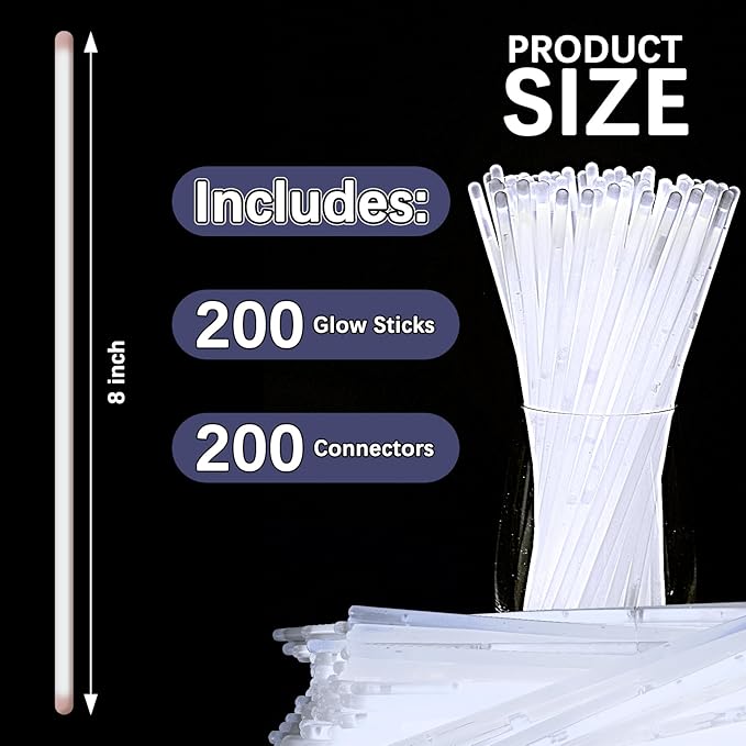 White Glow Sticks Bulk,200 Pcs Glow Bracelets and Glow Necklaces with Connectors,Glow in The Dark Party Supplies,Glow Party Favors,Glowsticks for Party Christmas Carnival Birthday (8 Inch)
