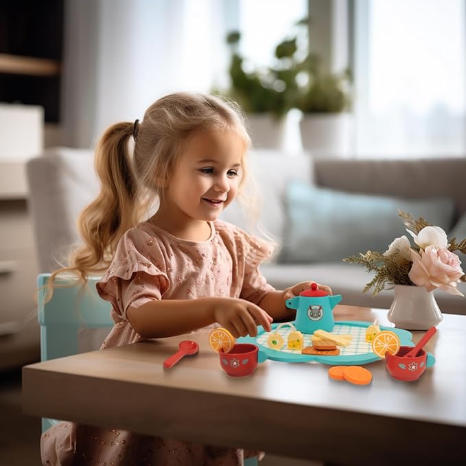 Wooden Tea Set for Little Girls, Play Food Pretend Play Kitchen Accessories for 3 4 5 Years Old Girls Boys, Toddler Princess Tea Time Party Food Toys