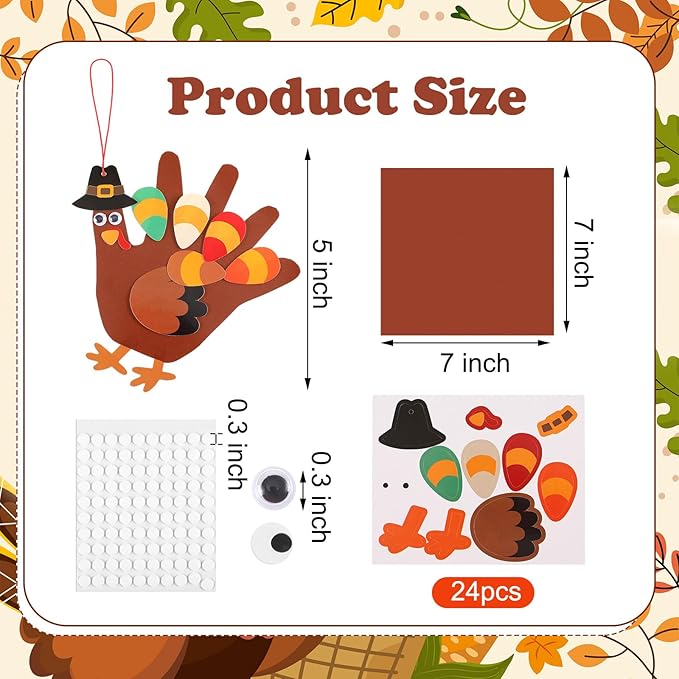 ShinyRelief 24 Sets Thanksgiving Craft Kit Fall Handprint Turkey Making Kit Hanging Art and Craft 5.9 Inch for Thanksgiving Party Game