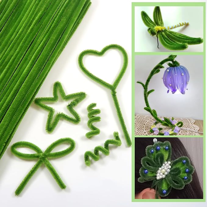 TOAOB 100pcs Pipe Cleaners Grass Green Pipe Cleaners Chenille Stems 6mm x 12 Inch Fuzzy Sticks Craft Supplies for Art DIY Crafts Decorations