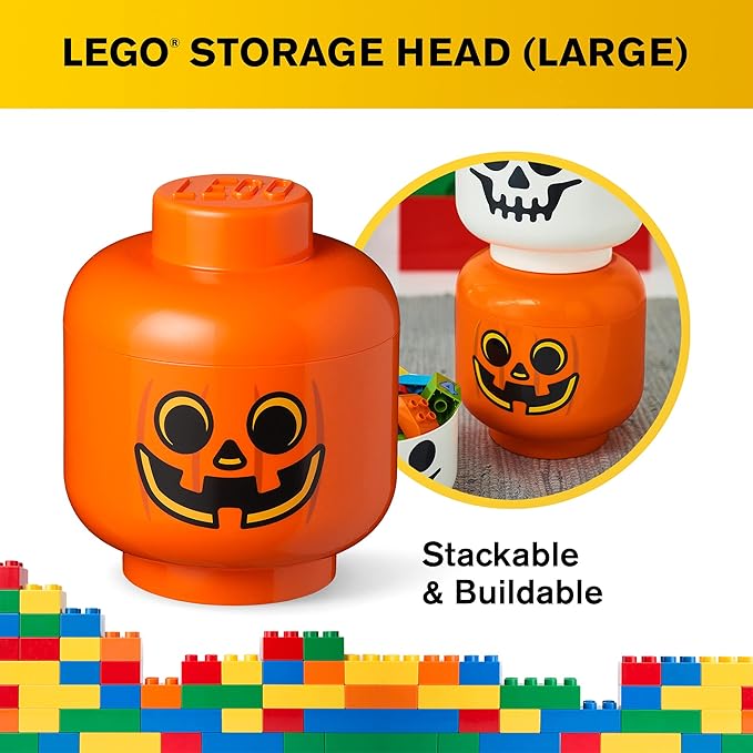 Room Copenhagen, LEGO Storage Heads Stackable Storage Container - Buildable Organizational Bins for Kid’s Toys and Accessories - 9.45 x 9.45 x 10.67in - Large, Pumpkin, Holds 500 Bricks
