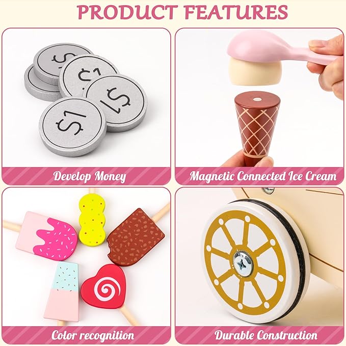 ROBOTIME Wooden Ice Cream Cart Play Set for Kids Toddlers, Pretend Play Kitchen Food Toy Gift for Ages 3+