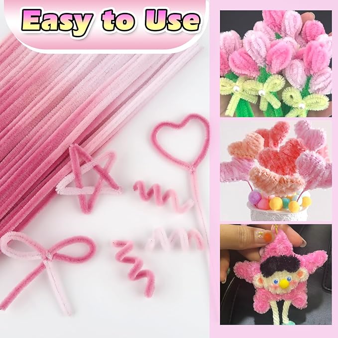 TOAOB 100pcs Pipe Cleaners Gradient Pink Chenille Stems for Crafts 12 Inch Fuzzy Sticks Craft Supplies for DIY Art Craft Projects Home Decorations