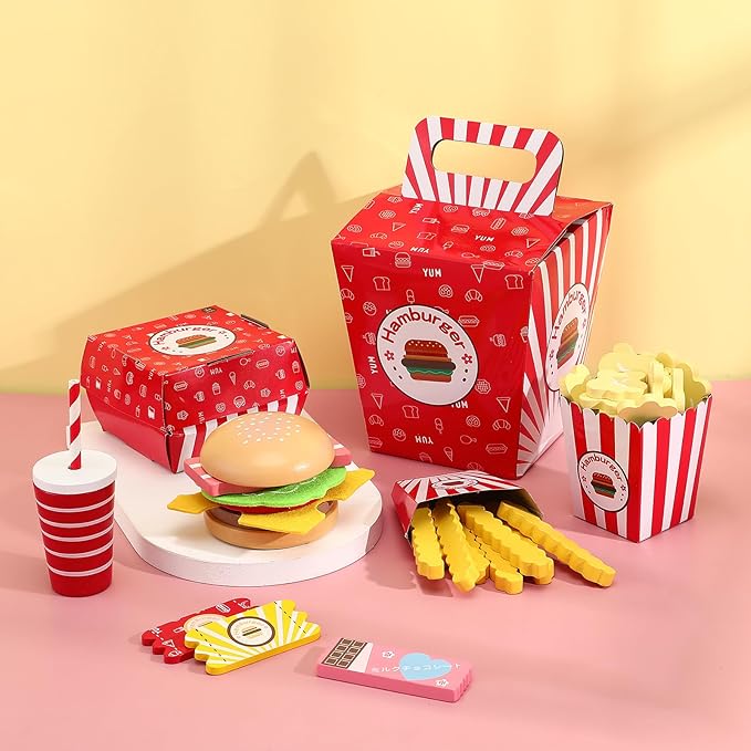 Wooden Fast Food Burger Fries Deluxe Dinner Set, Kitchen Pretend Play Accessories Toy, Realistic Burger Fries Pretend Play Food Set Toy House Props Educational